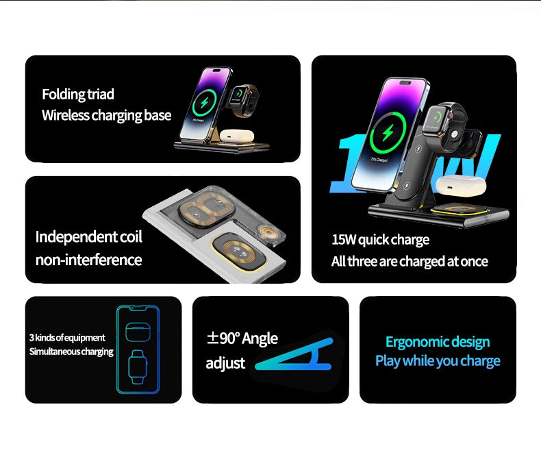 3 in 1 Wireless Charger Stand Pad For iPhone Buds Dock Station