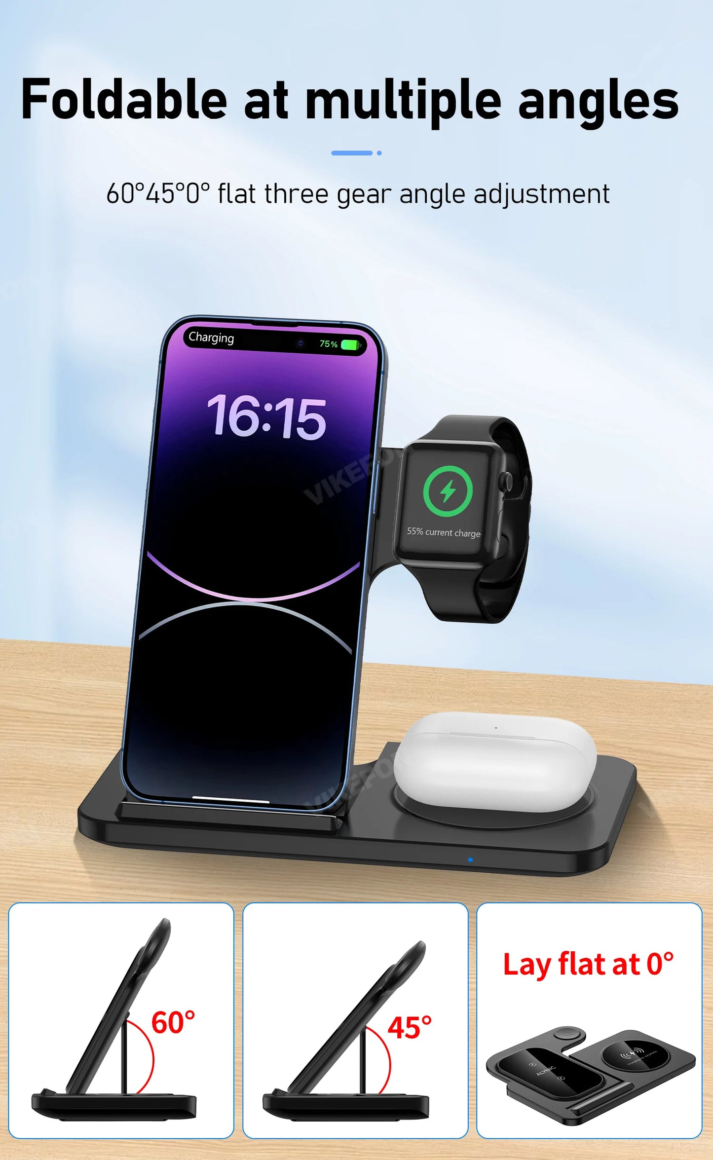 3 in 1 Wireless Charger Stand Pad For iPhone Buds Dock Station