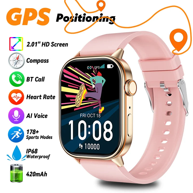 LIGE 2025 For Android IOS GPS Smart Watch Women 2.01" HD Screen Heart Rate Bluetooth Call Compass IP68 Waterproof Men Smartwatch