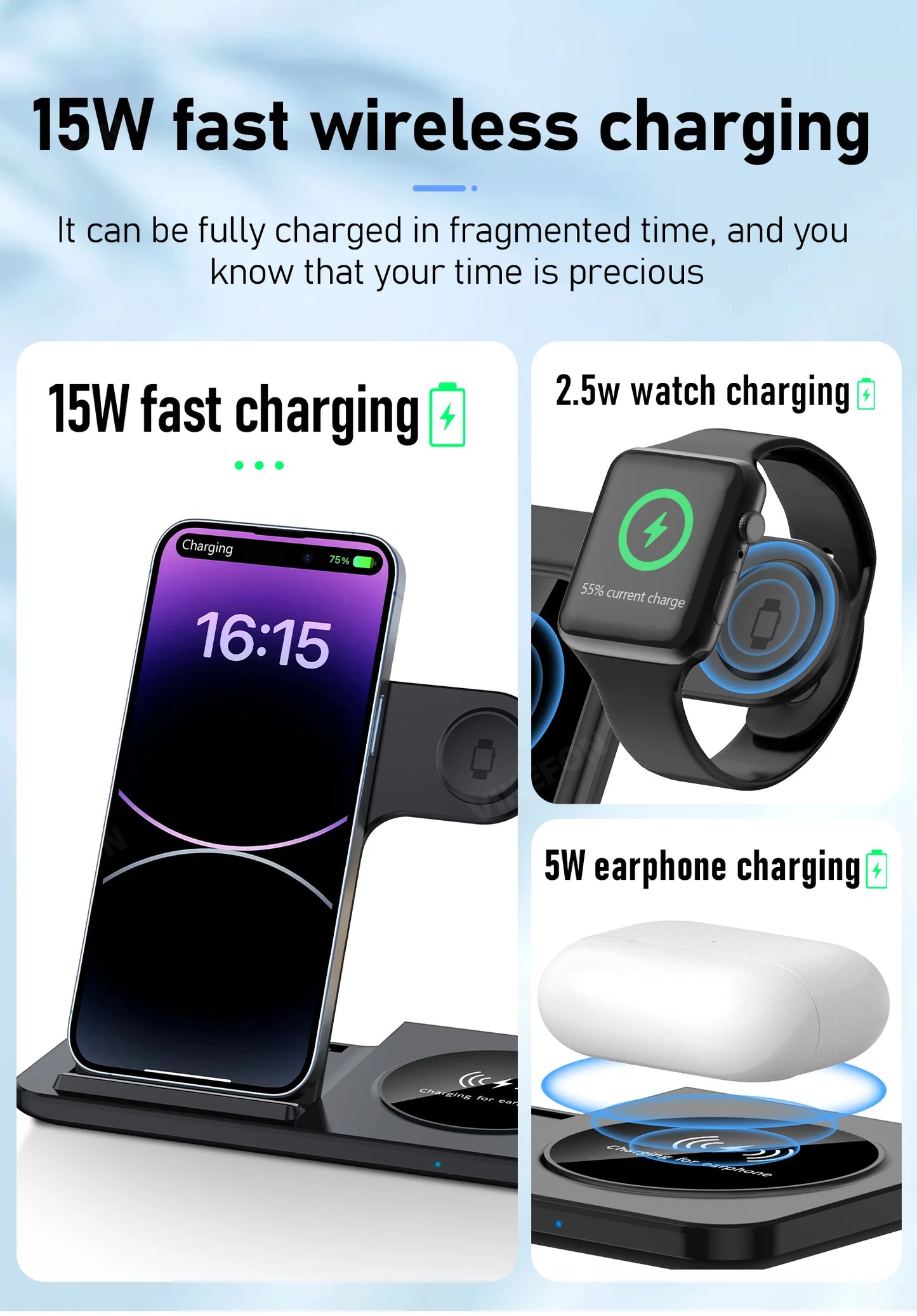 3 in 1 Wireless Charger Stand Pad For iPhone Buds Dock Station